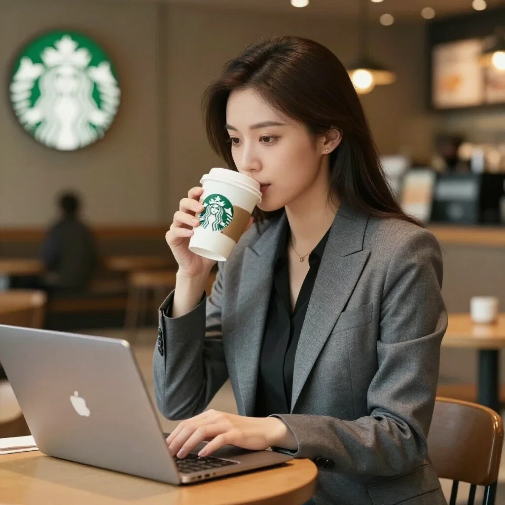 focused career woman typing laptop coffee