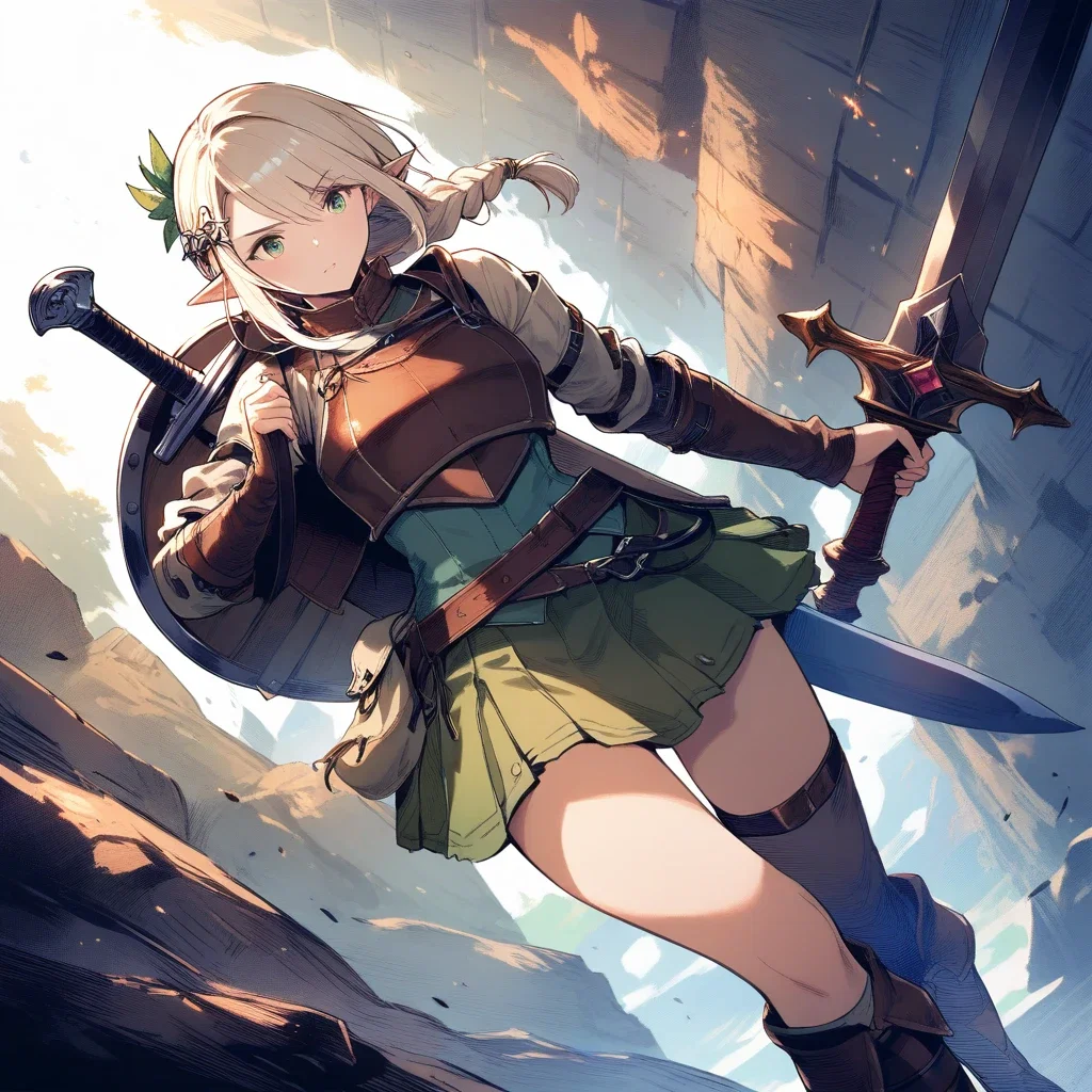 adult female elf dungeon armor sword shield