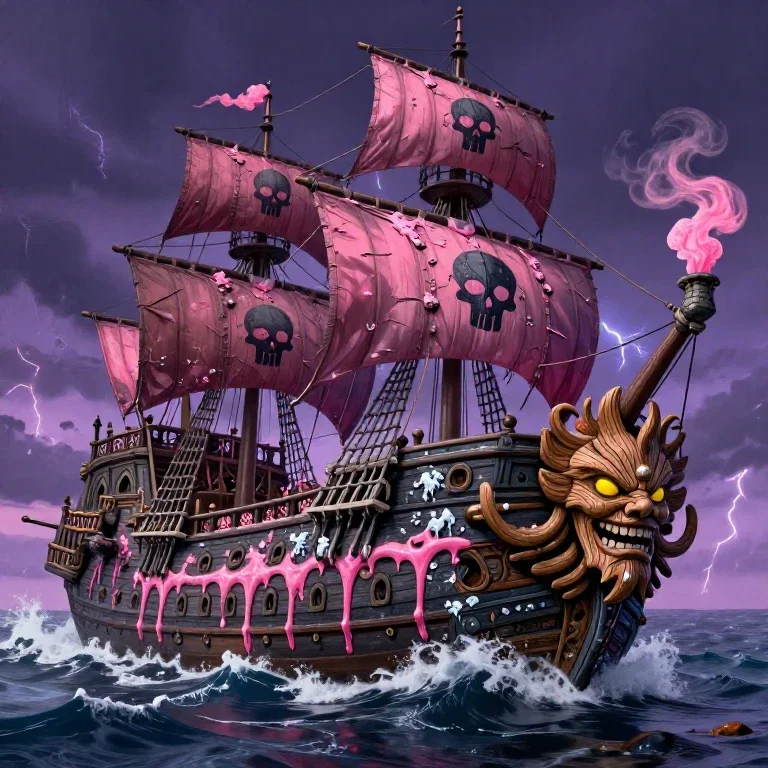 cinematic shot of legendary galleon from one piece