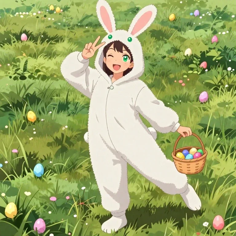 anime woman rabbit onesie easter eggs