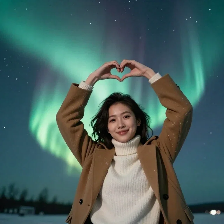 tourist aurora borealis hand heart gesture