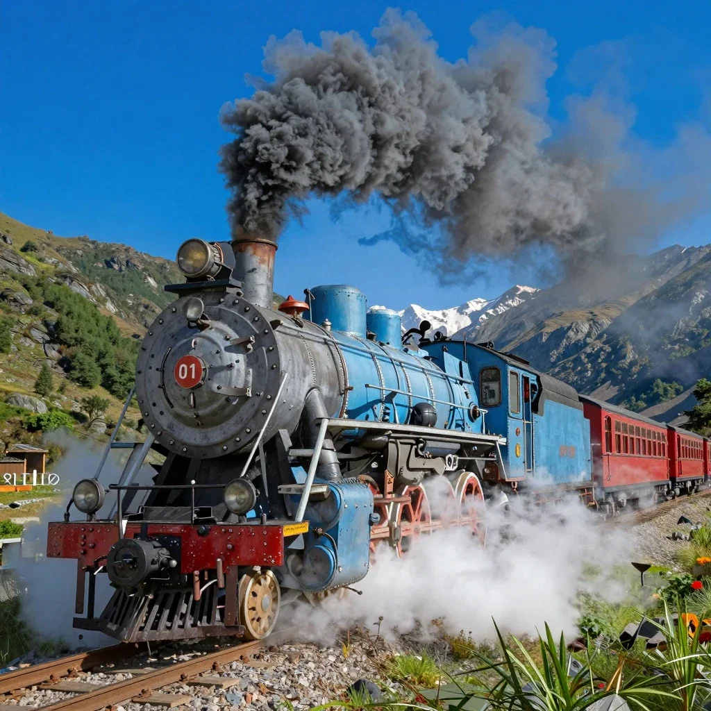 giant blue steam locomotive red cars mountains