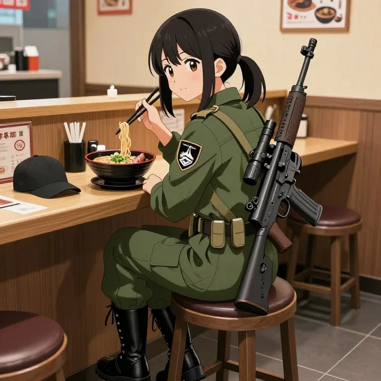 anime girl military outfit eating ramen