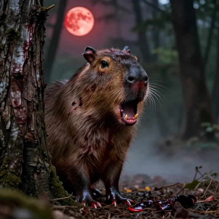 bloody capybara with claws in forest