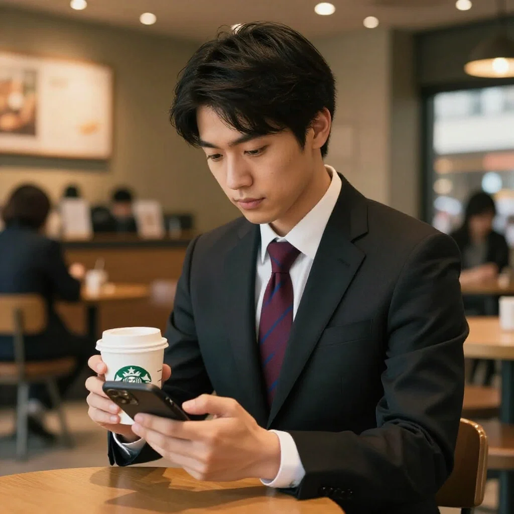 young japanese businessman in starbucks