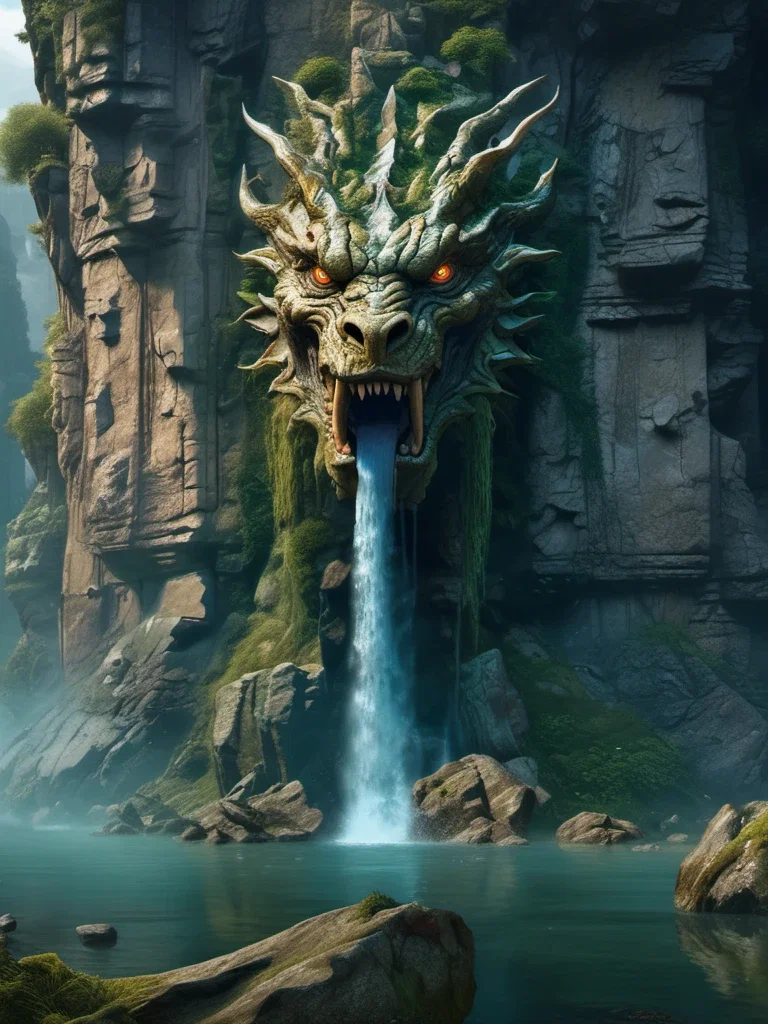fantasy art cliff dragon waterfall lake