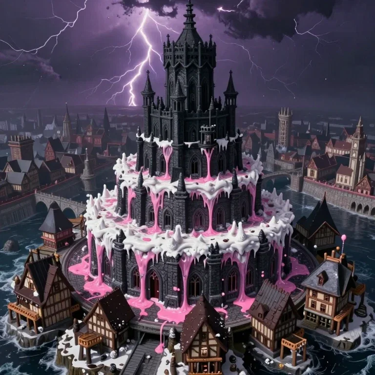 extreme wide angle aerial shot of gothic island city