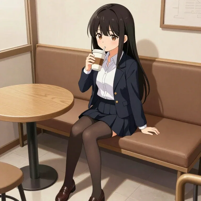 anime style cute japanese woman drinking coffee