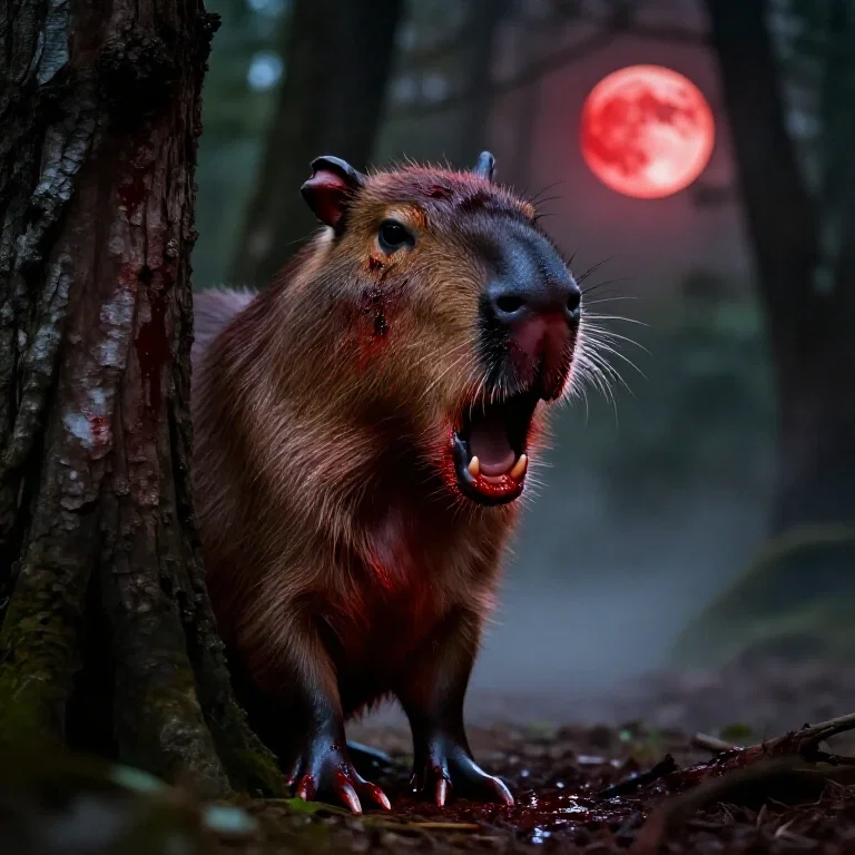 bloody capybara with claws in forest