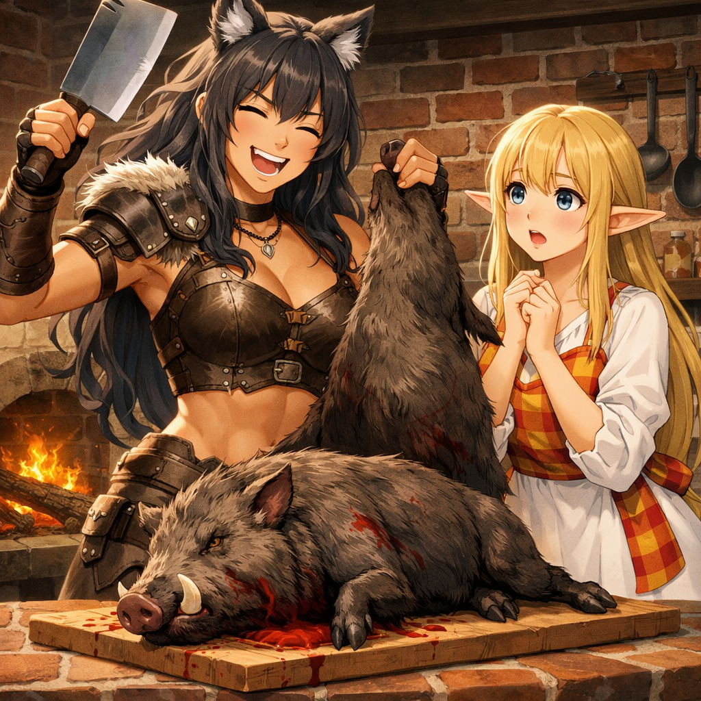 elf and wolf girl butchering brick kitchen