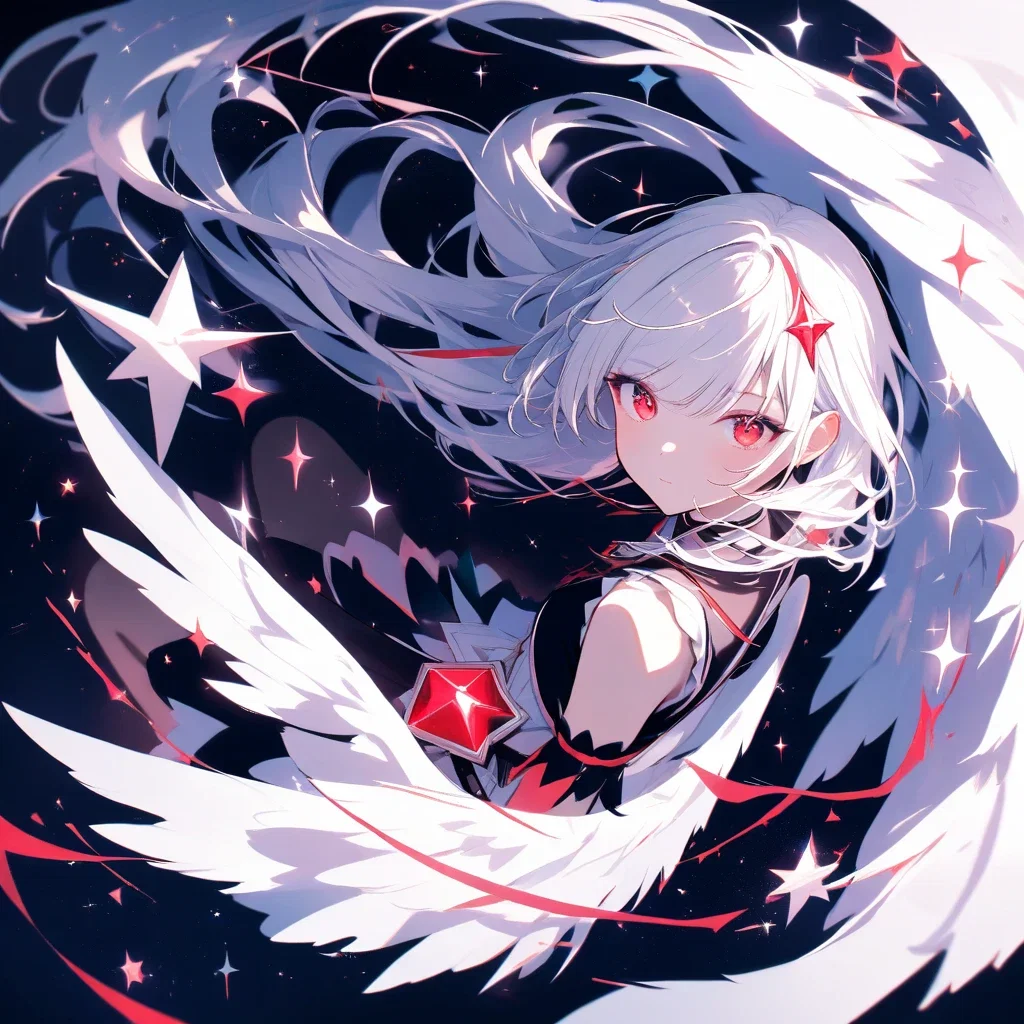 magical girl white hair crimson eyes angel wings