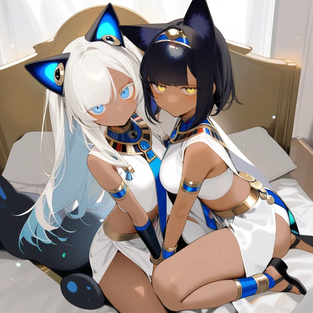 two girls ancient egyptian clothes bed masterpiece