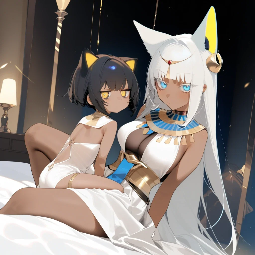 two girls ancient egyptian clothes bed masterpiece