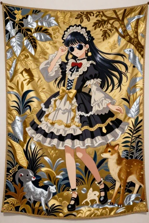 gothic lolita anime tapestry gold silver nature