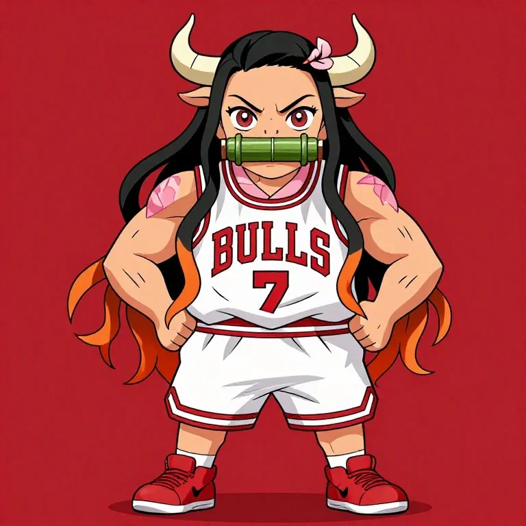 bull in basketball uniform with red background