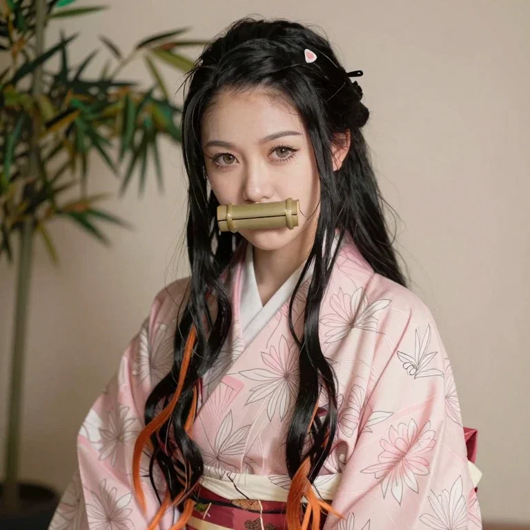 nezuko kamado portrait bamboo muzzle pink kimono