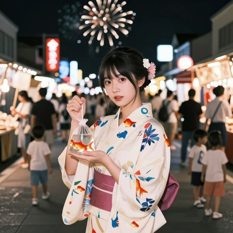 girl in yukata holds goldfish bag