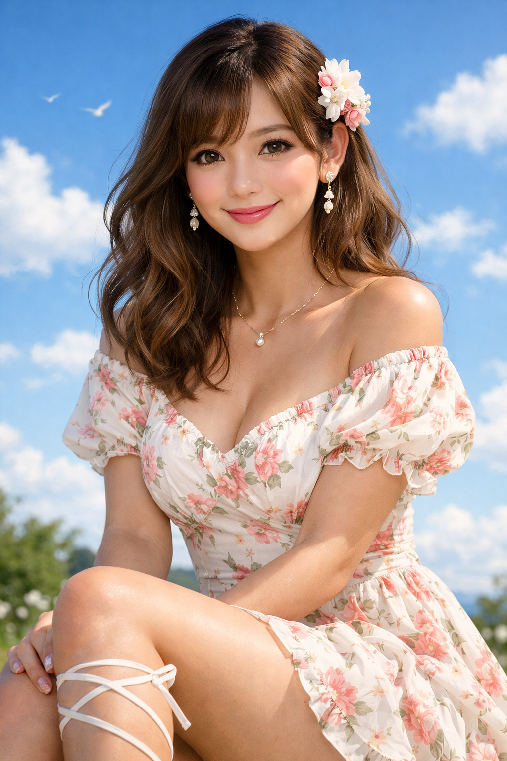 woman with floral dress in sunny sky