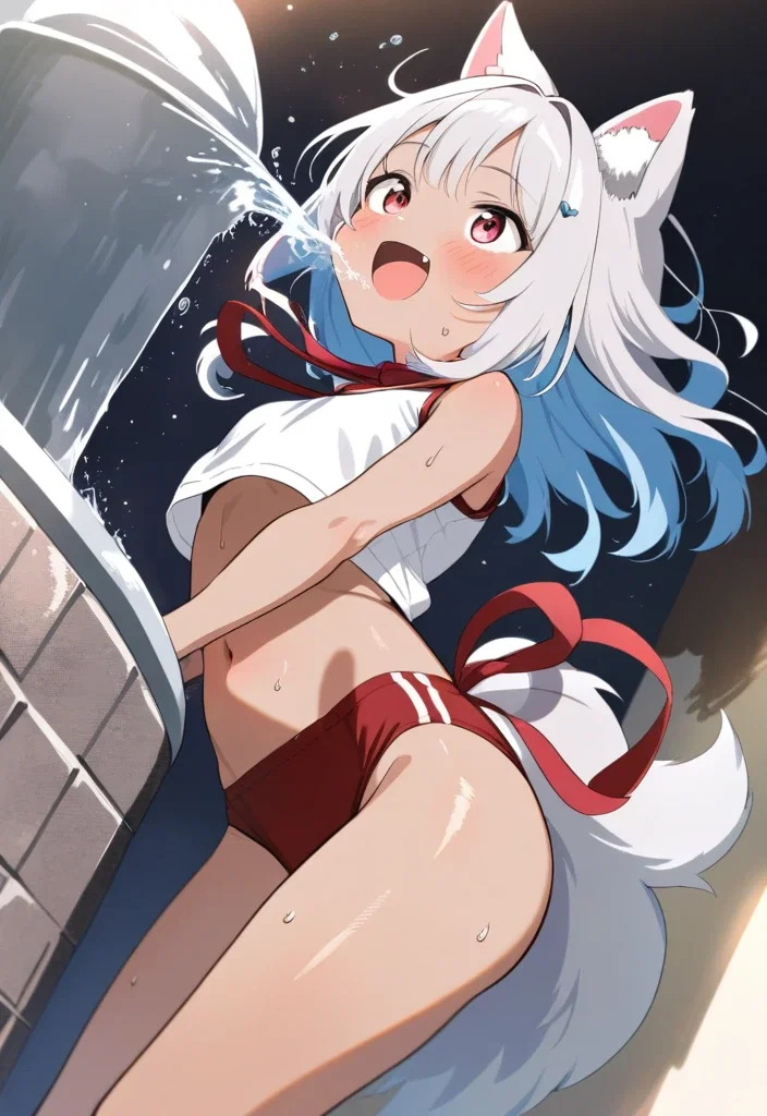 wolf girl drinking water at fountain