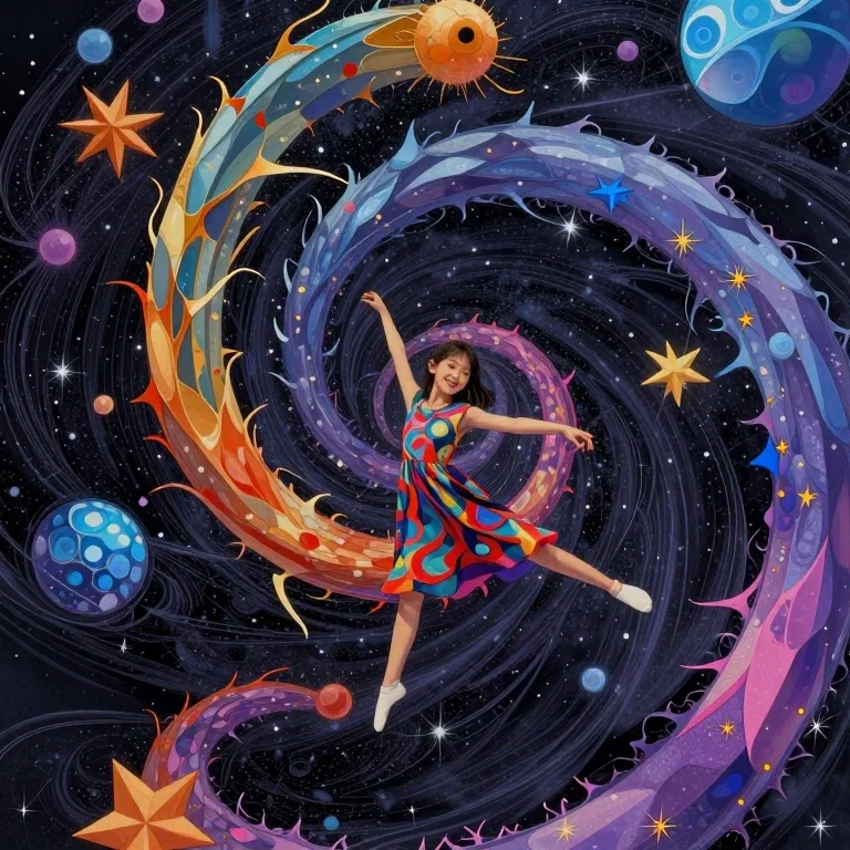 little girl dancing in colorful dress