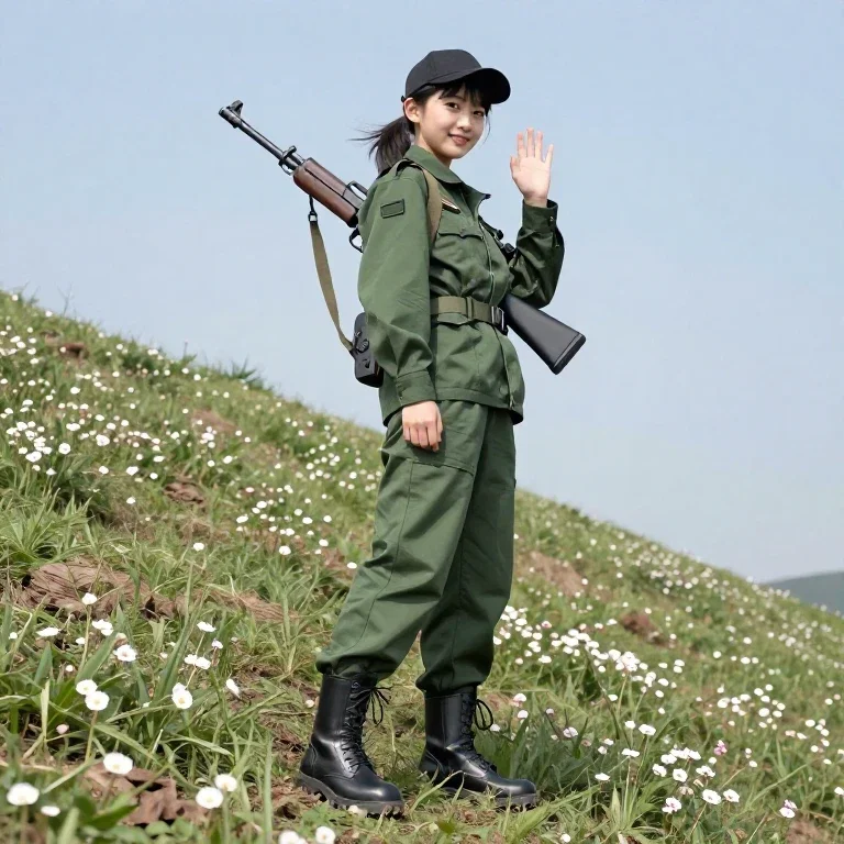 young woman in military gear on mountain slope