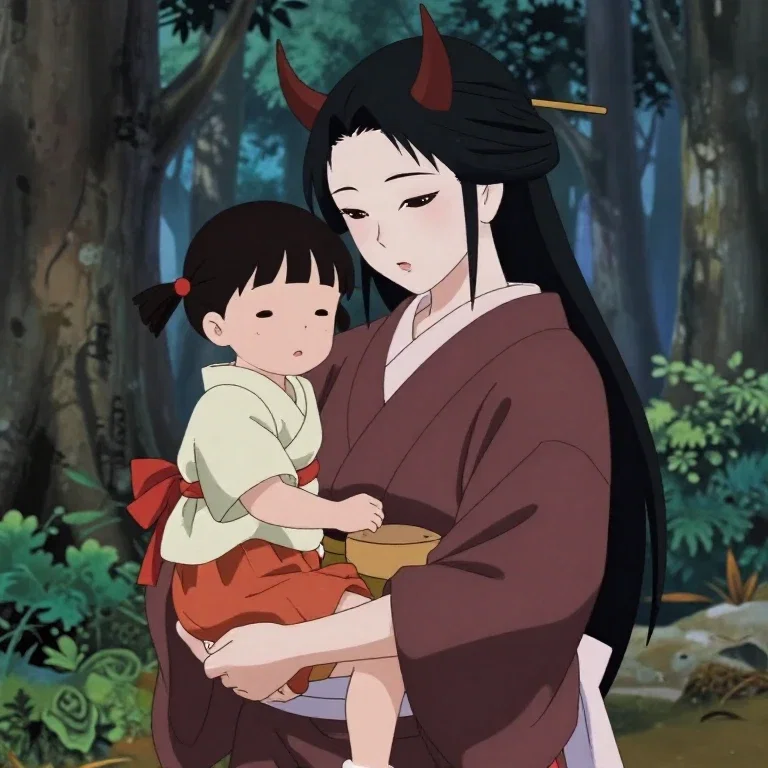 japanese demon girl holding little girl