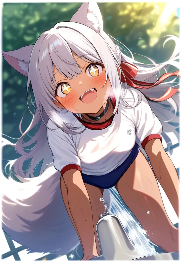 silver haired wolf girl at fountain