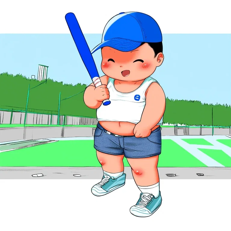 smiling chubby boy batting baseball street