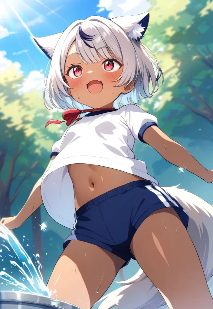 wolf girl drinking water at fountain