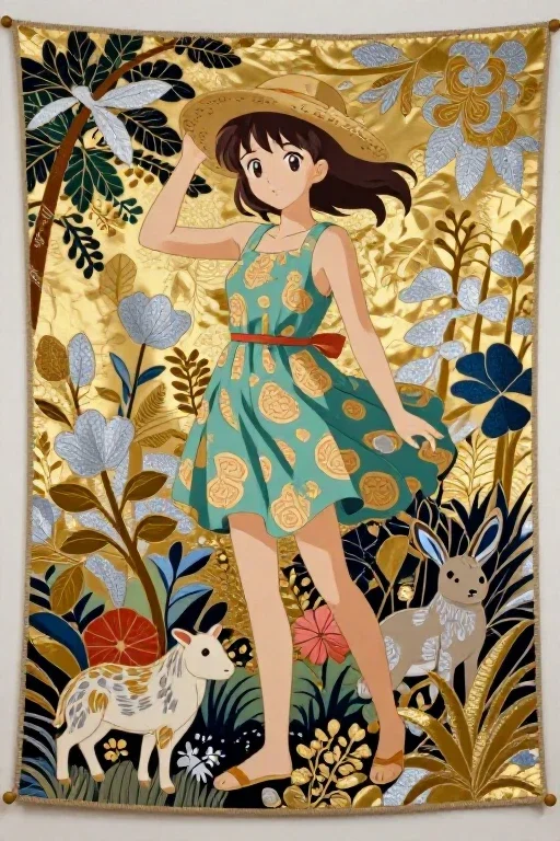 anime girl straw hat summer dress tapestry nature