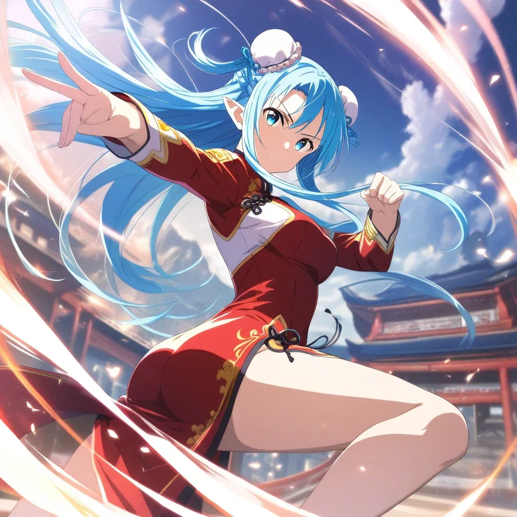 fighting game style asuna sao blue hair