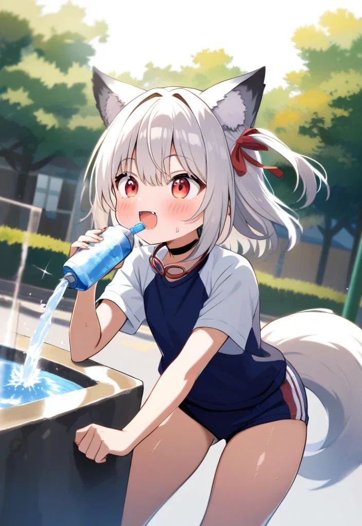cute wolf girl drinks water at fountain