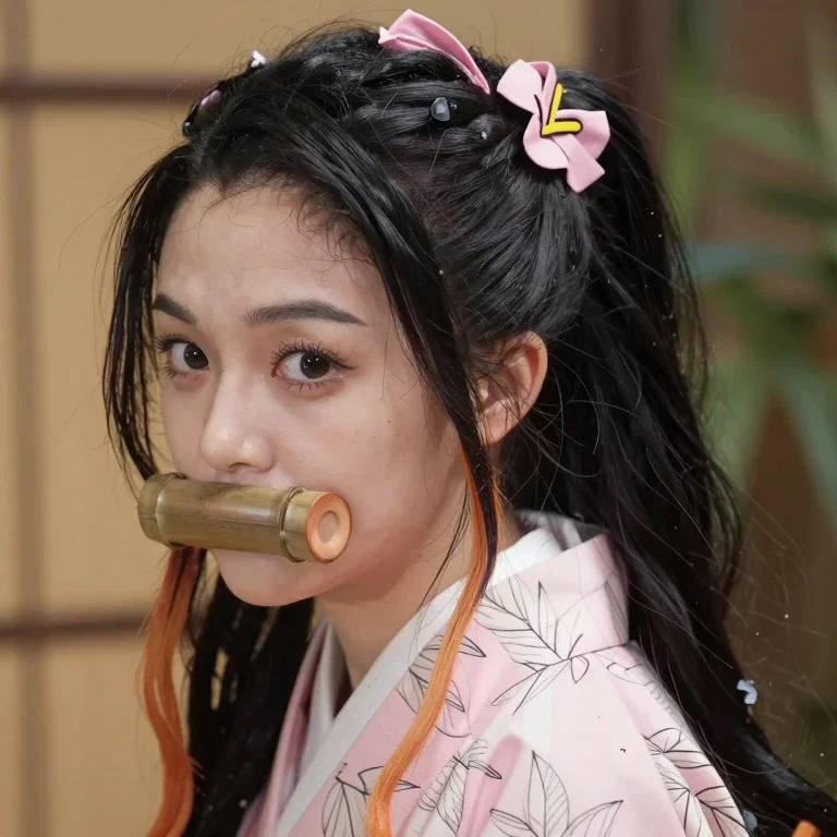 nezuko kamado portrait bamboo muzzle pink kimono