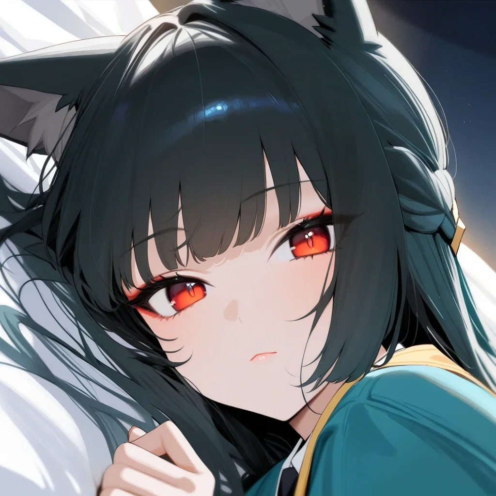 fox eared girl lying on bed