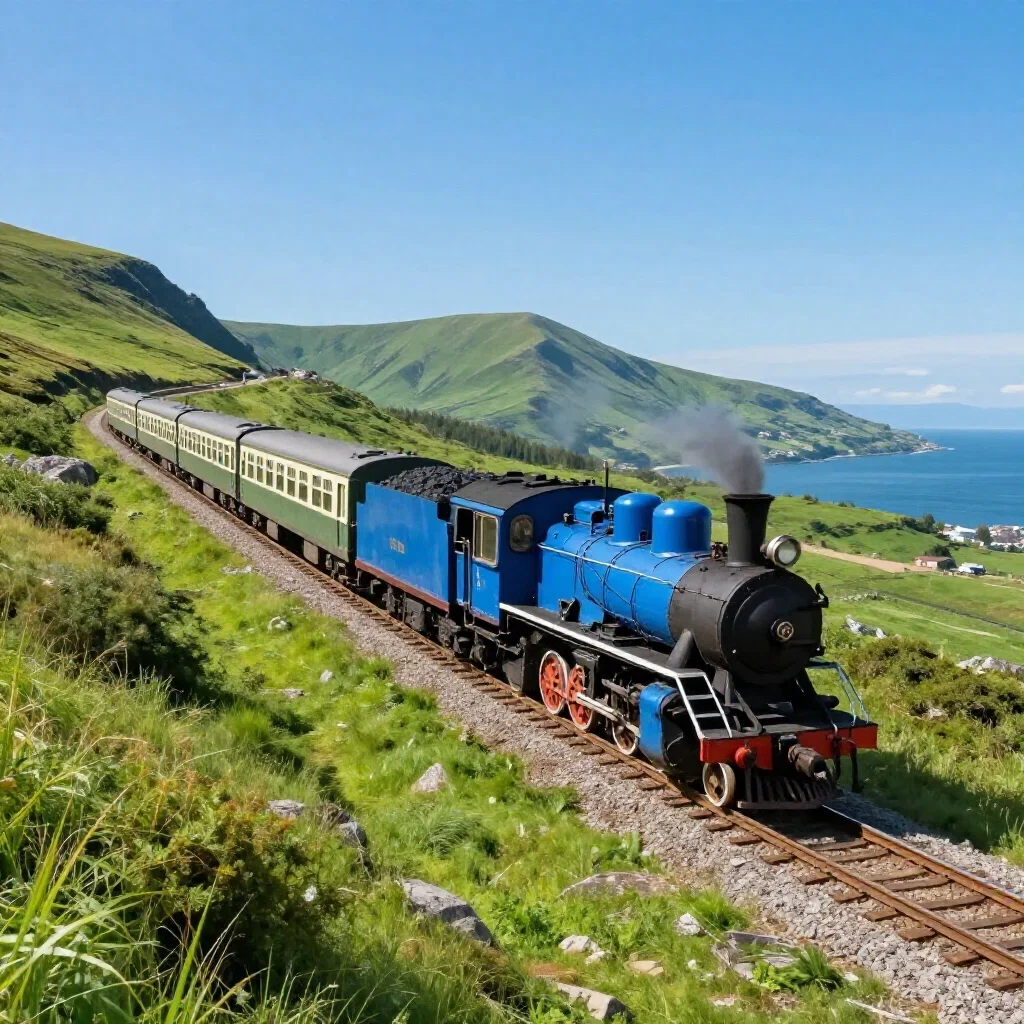 blue steam locomotive pulling express train