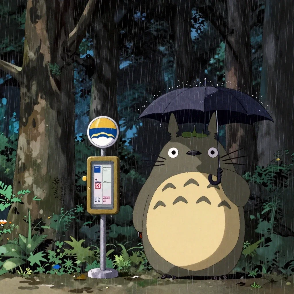 totoro with umbrella at bus stop in forest