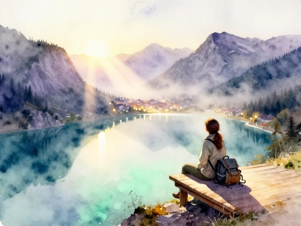solitary traveler gazing at mountain lake