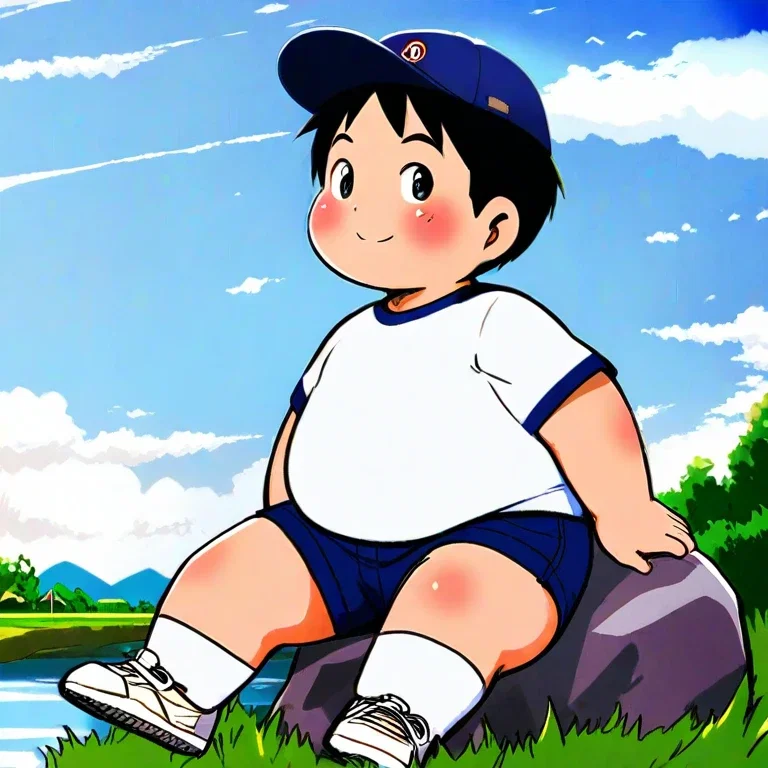 japanese boy sitting by riverbank