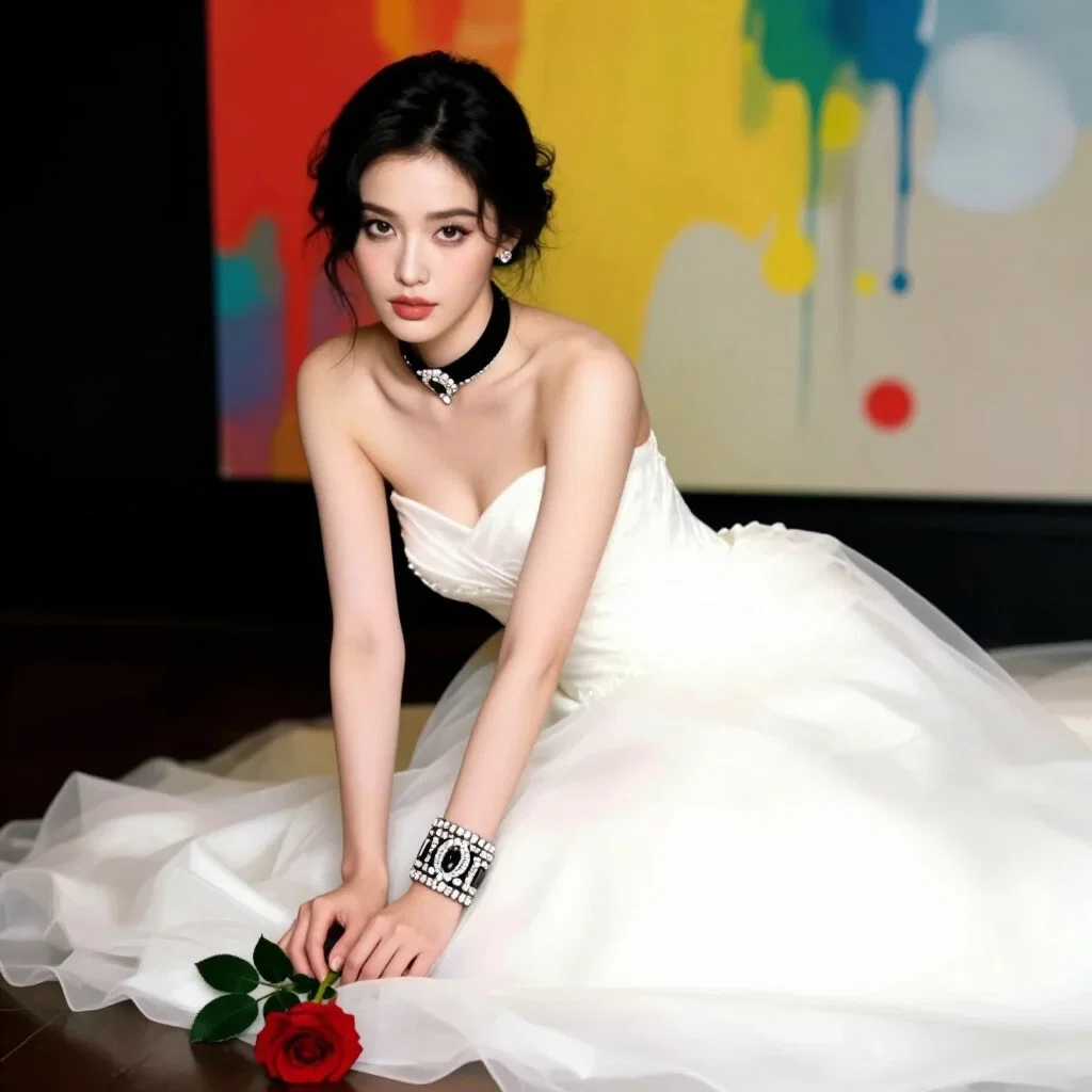 doll like bride kneeling for rose