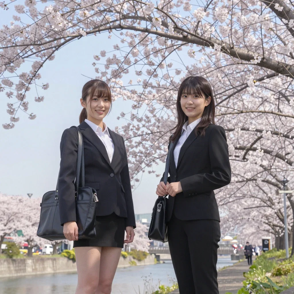 japanese students cherry blossom riverside morning