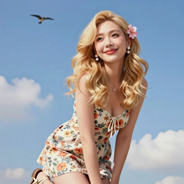 mature woman blonde floral dress blue sky