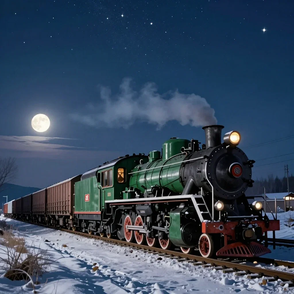 green steam locomotive pulls fish freight train