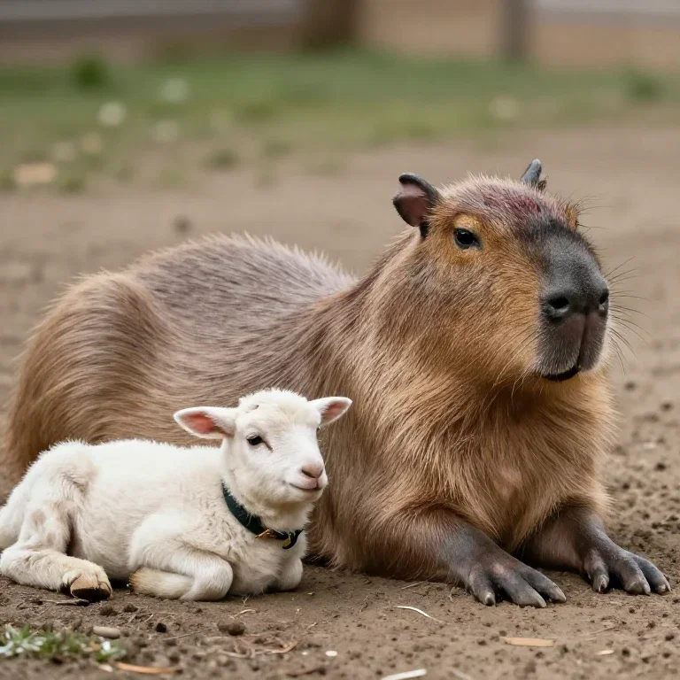 capybara lies with lamb
