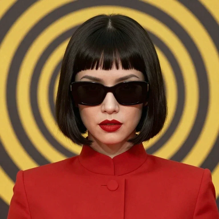 red mao collar milla jovovich dark bob hair