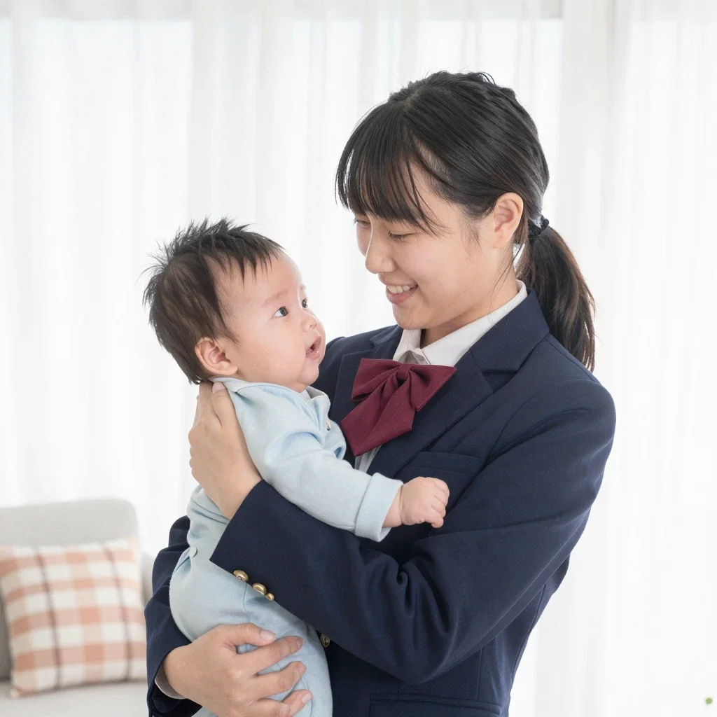 high school girl holding baby in living room