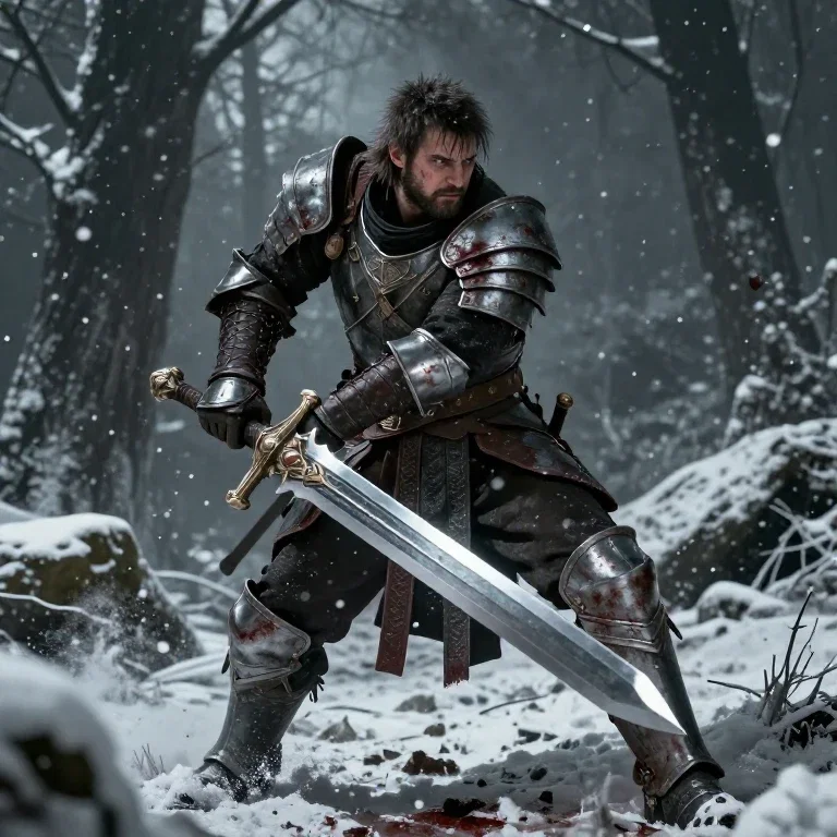 action shot of fergus cousland in blizzard