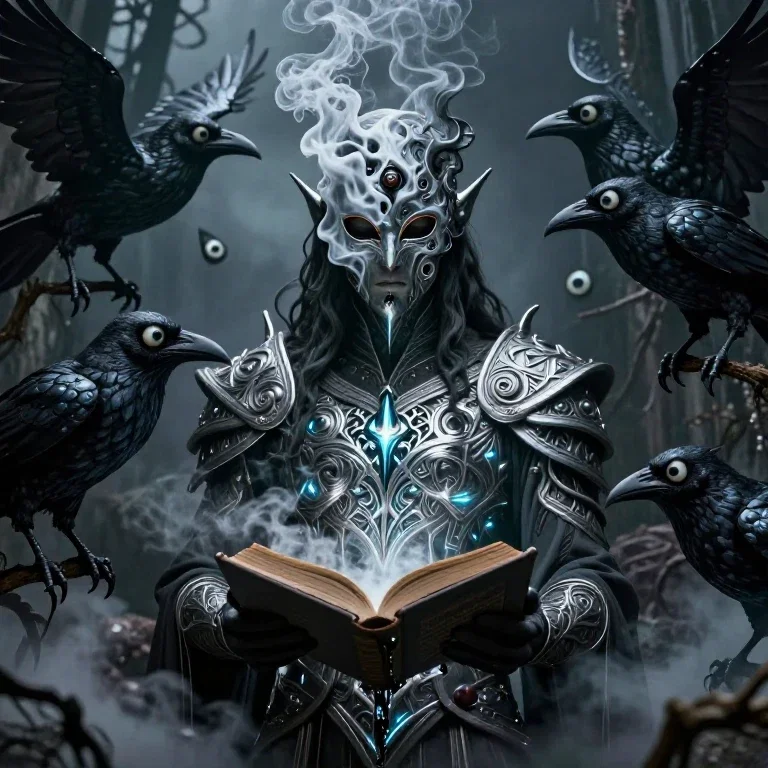 elven god of secrets surrounded by ravens