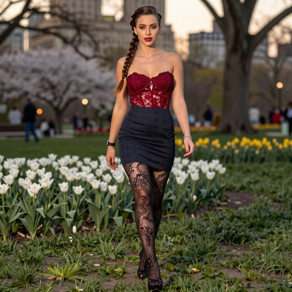 elegant brunette woman in central park sunset