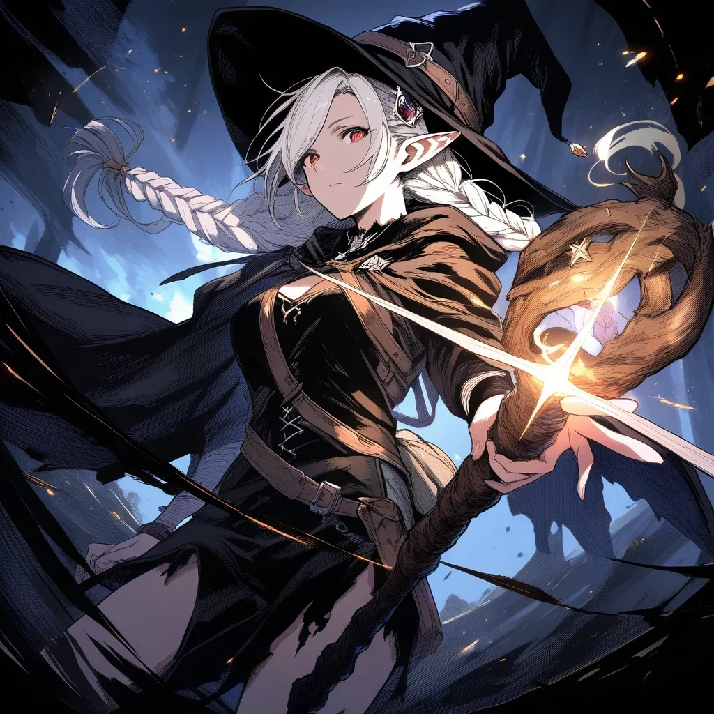 fantasy witch elf female staff hat