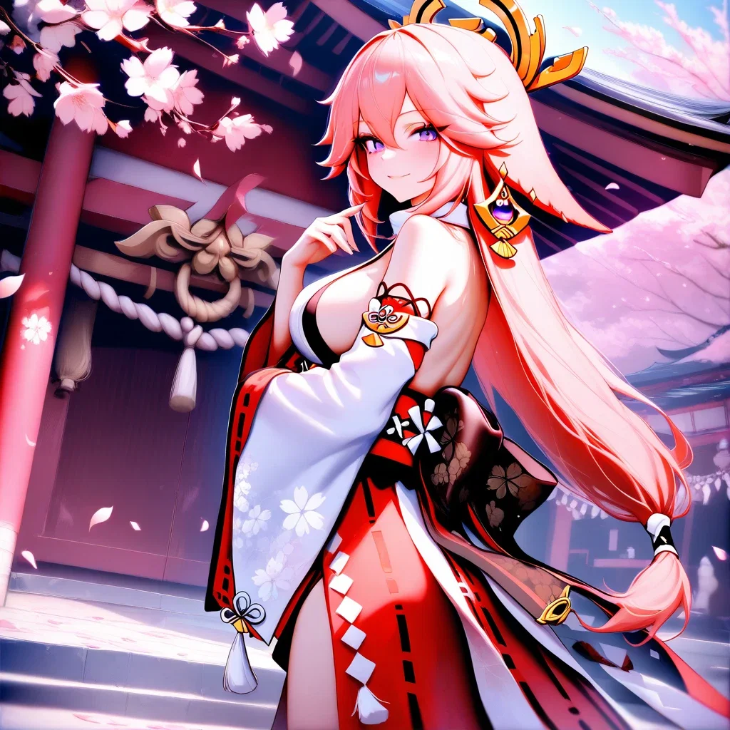 yae miko shrine cherry blossoms cowboy shot